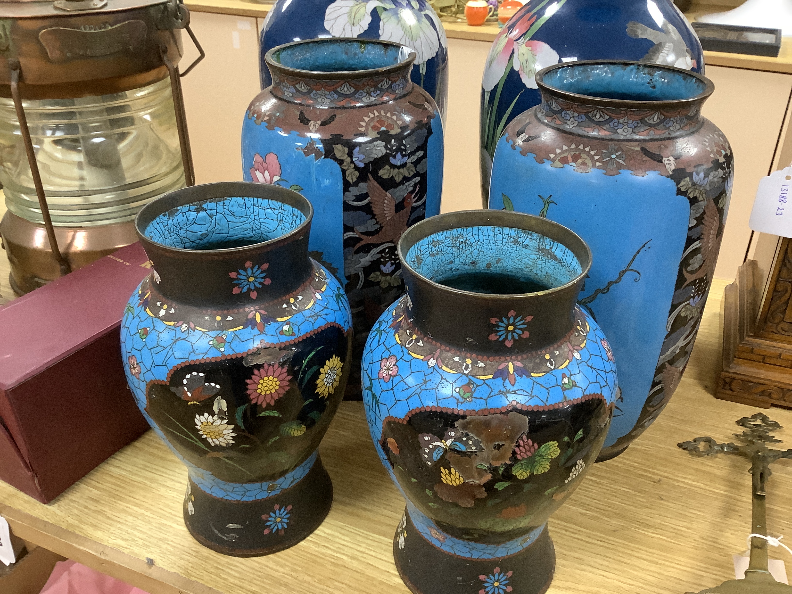 Three pairs of Japanese cloisonné enamel vases, late 19th/early 20th century, largest 43cm high